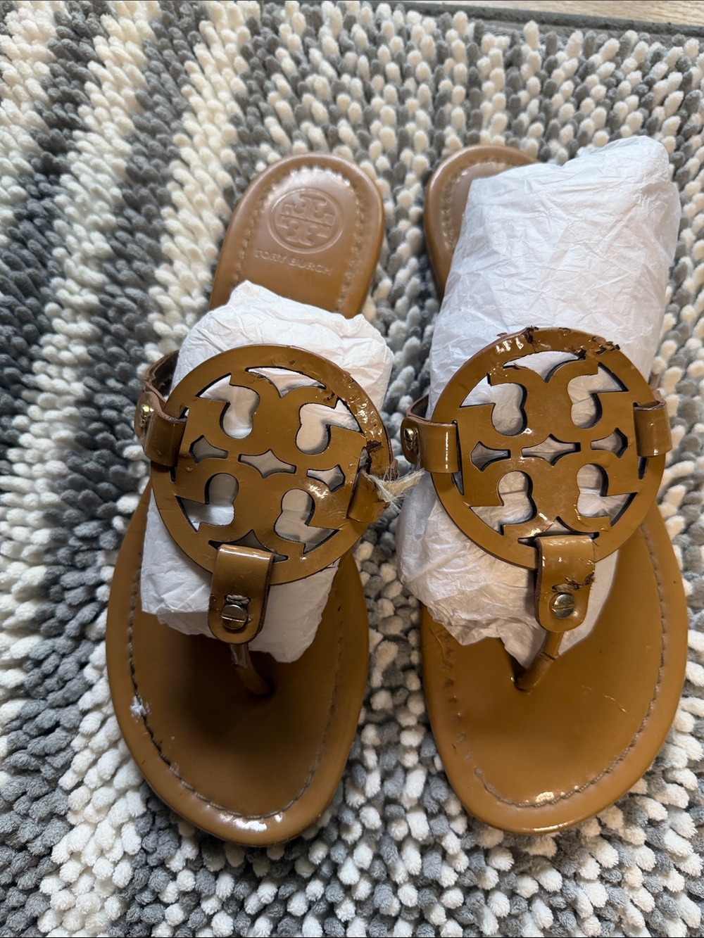 Tory Burch Tan Miller Patent Logo Thong Sandals